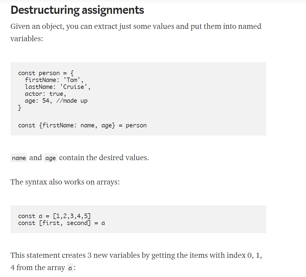 example of destructuring assignments