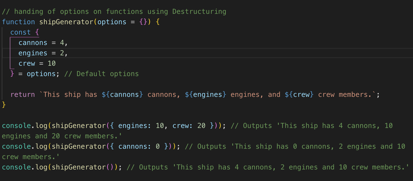 Handling options via Destructuring on Objects